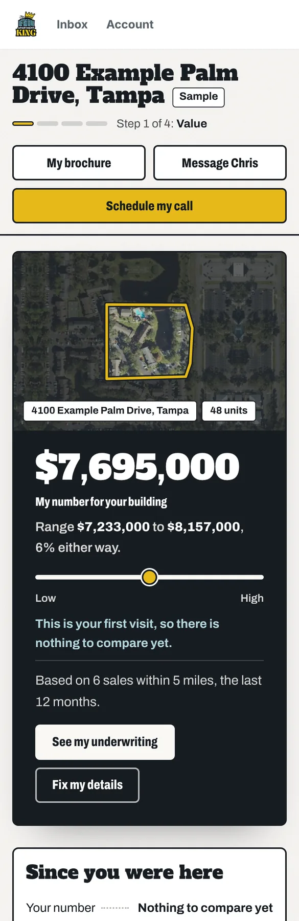 Step 1 of 8, Value: a screen of the Apartment Tracker on a sample file