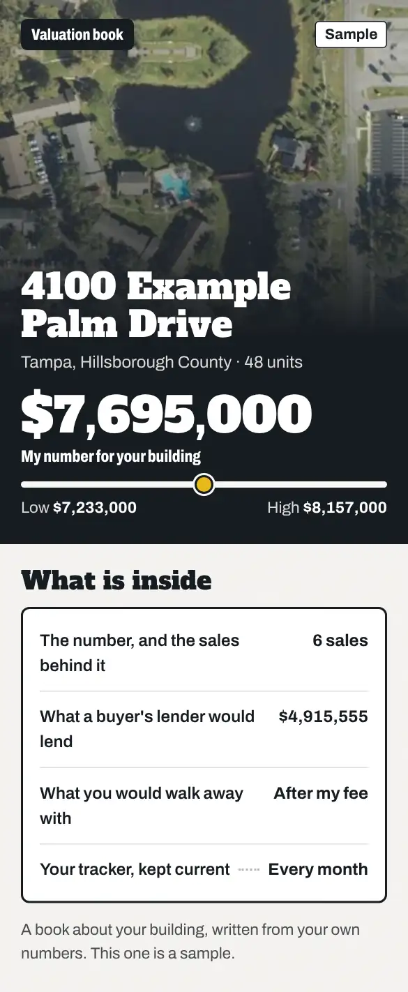Step 2 of 8, Brochure: a screen of the Apartment Tracker on a sample file