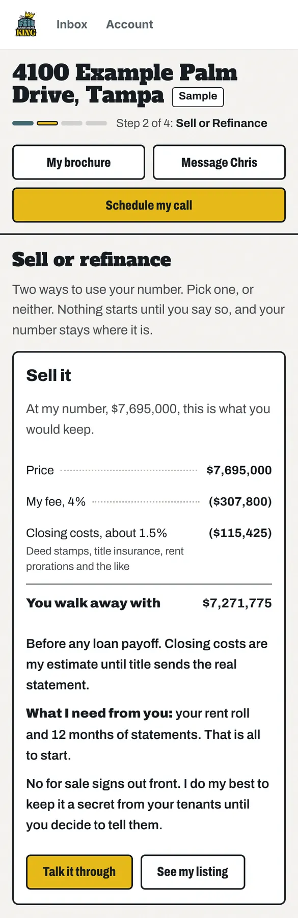 Step 5 of 8, Sell or refinance: a screen of the Apartment Tracker on a sample file