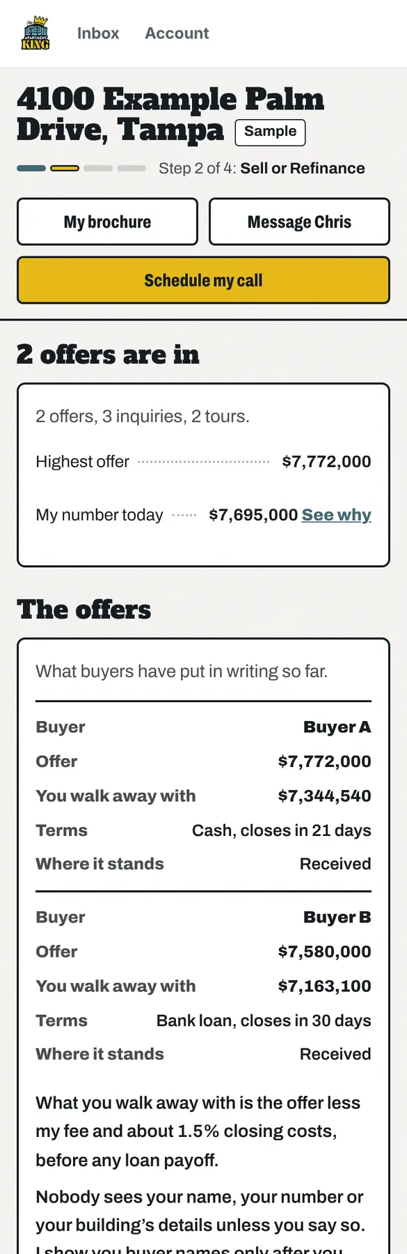 Step 6 of 8, Live market: a screen of the Apartment Tracker on a sample file