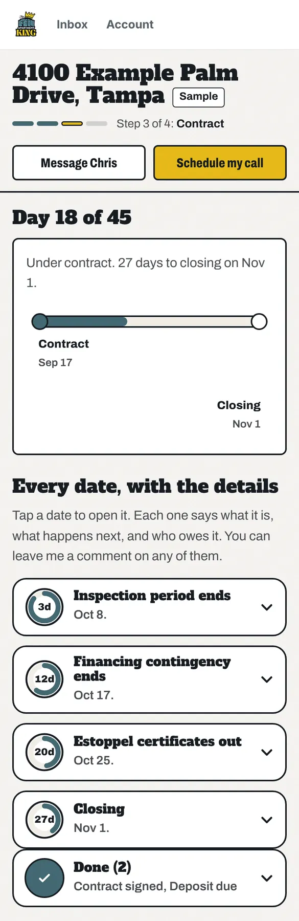 Step 7 of 8, Contract: a screen of the Apartment Tracker on a sample file