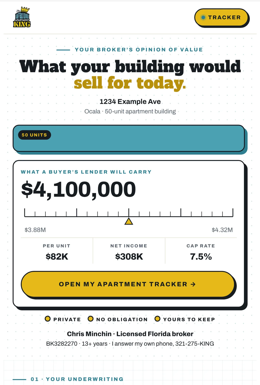 The building's brochure: broker's opinion of value, $4,100,000, per unit, net income and cap rate